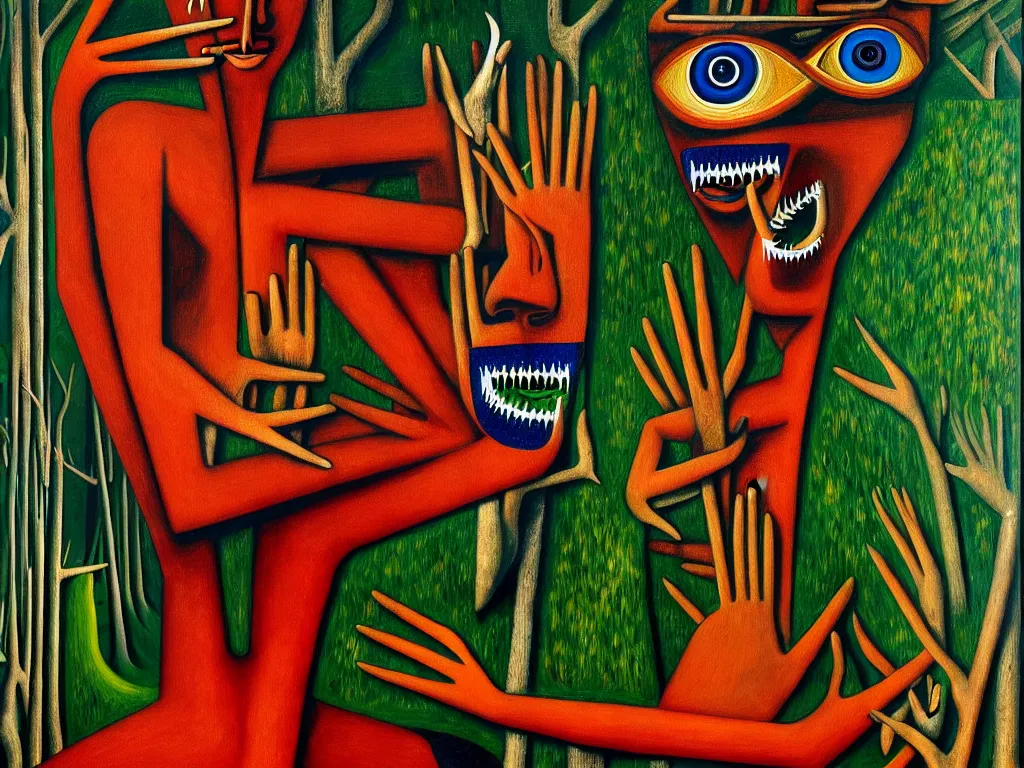 Image similar to a painting of a human with a hand face with a centered eye, mouth with sharp teeth centered on the neck, legs that melt into a forest, forest background, highly detailed, 4 k, art by max ernst