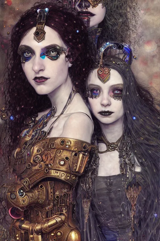 Image similar to portrait of two beautiful young gothic cyborg maidens, cyberpunk, Warhammer, kiss, highly detailed, artstation, illustration, art by Gustav Klimt