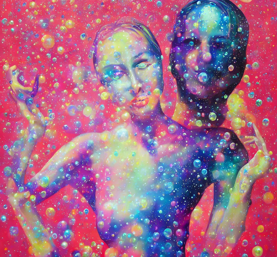 Prompt: beautiful sci - fi woman, face, full body, dress, bubbles, bubble, watedrops, waterdroplets, acrylicpainting, acrylicpouring, painting, influencer