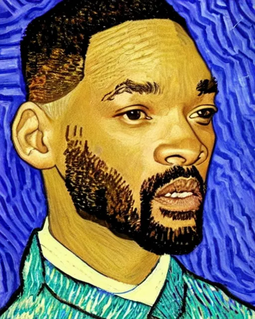 Image similar to Will Smith in the style of van gogh self portrait, face, detailed, sharp focus