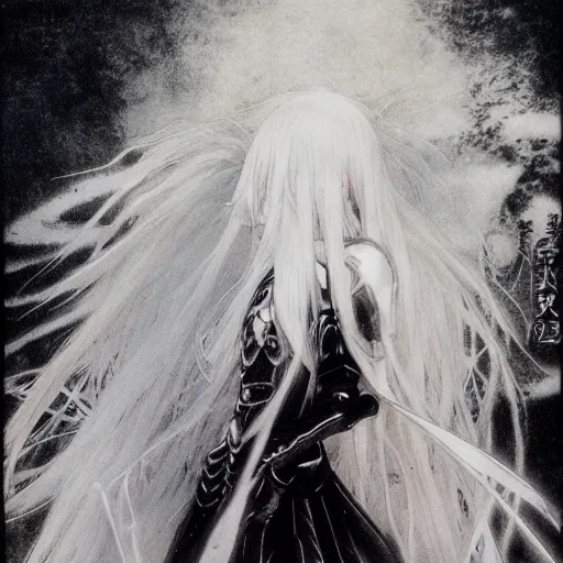 Image similar to yoshitaka amano blurred and dreamy of an anime girl with black eyes, wavy white hair and cracks on her face near eyes wearing elden ring armour with the cape fluttering in the wind, abstract black and white patterns on the background, noisy film grain effect, highly detailed, renaissance oil painting, weird portrait angle