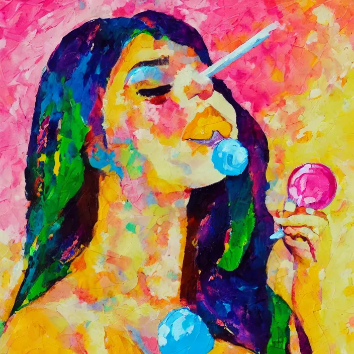 Image similar to portrait of beautiful woman licking a lollipop painted with colorful gouache impasto