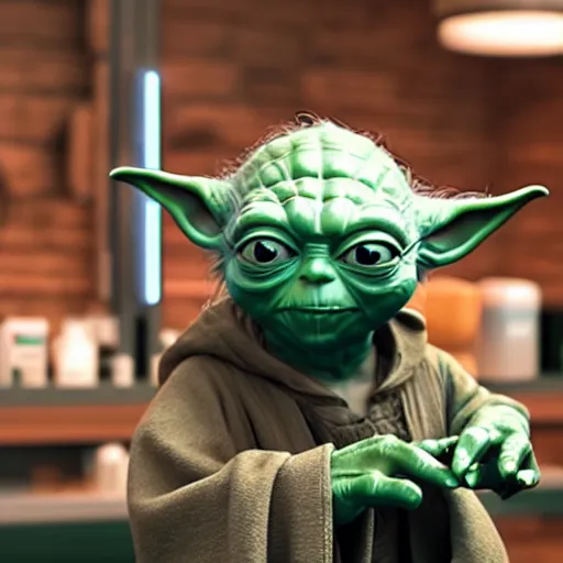 Image similar to yoda at the barbershop, highly detailed, unreal render, 4k hdr