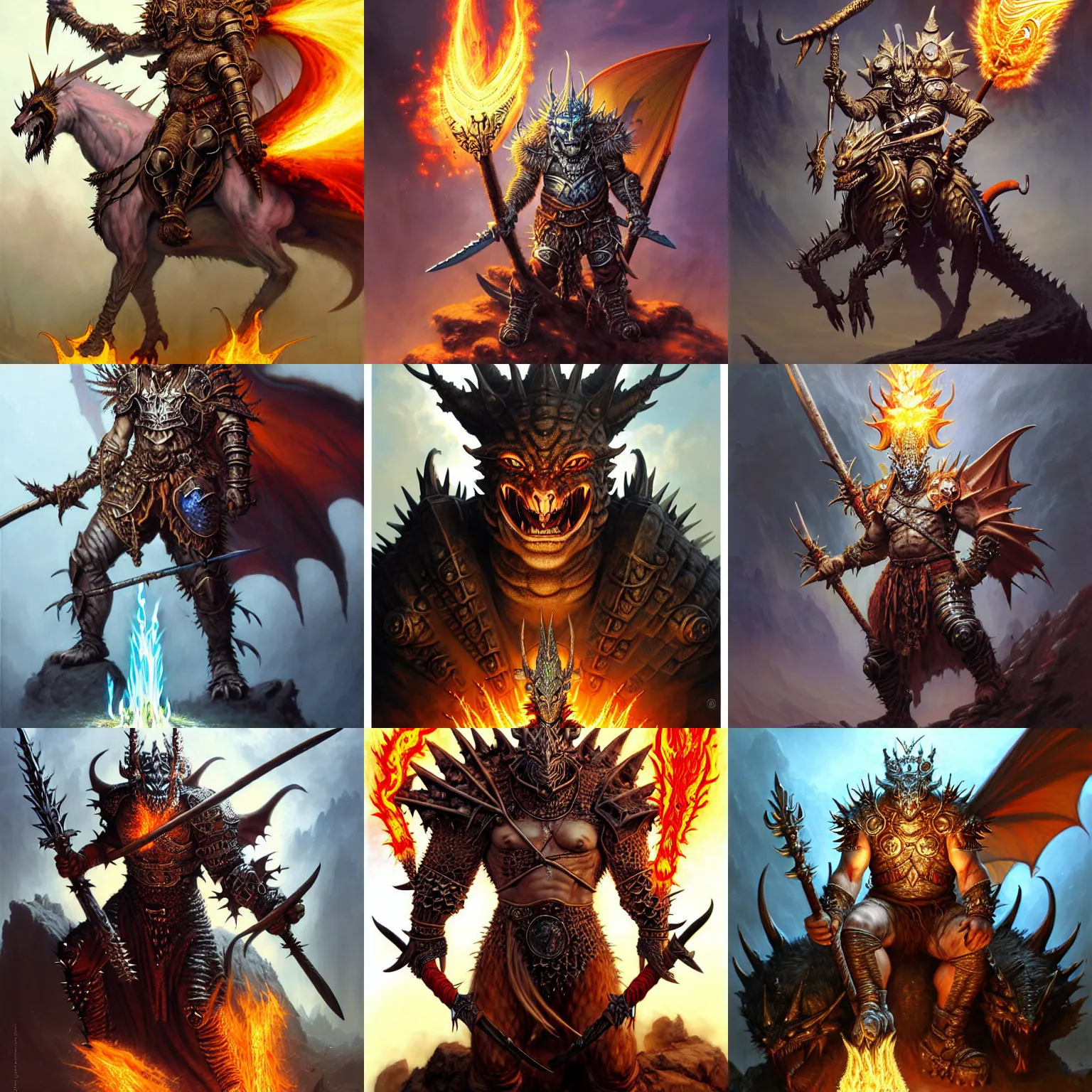 Prompt: fantasy character portrait, orc king in spiky armor with aura on fire, wearing a dragon mask, sitting on tiger cavalry, holding an axe, ultra realistic, wide angle, intricate details, highly detailed by peter mohrbacher, hajime sorayama, wayne barlowe, boris vallejo, aaron horkey, gaston bussiere, craig mullins