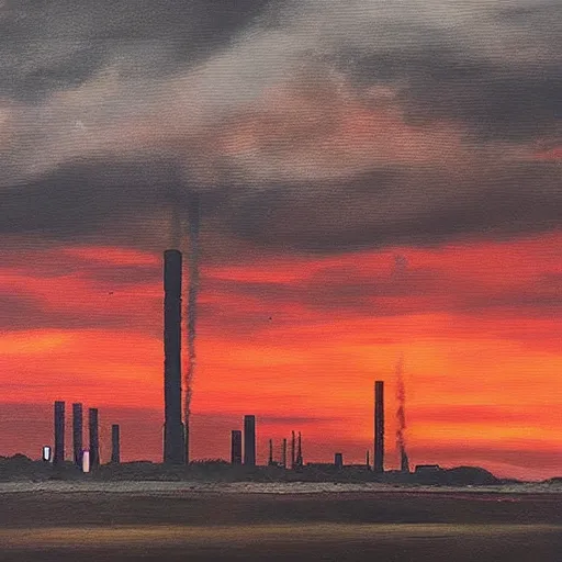 Image similar to “dramatic painting of industrial smokestacks piercing a layer of black clouds, with a background of red clouds lit by a sunset, in the style of the Hudson River school”