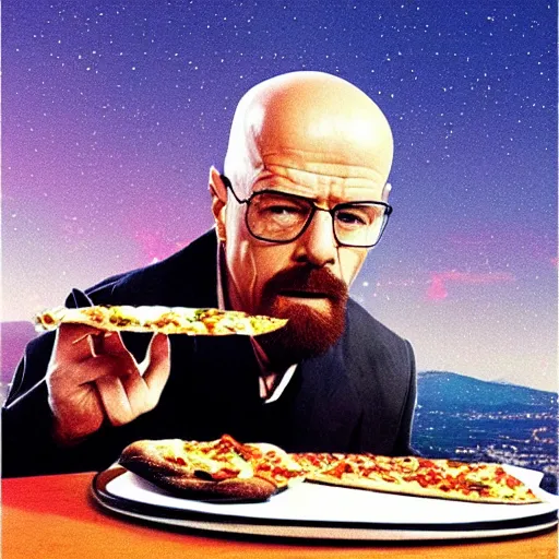 Image similar to low quality photo of heisenberg eating pizza in the sky