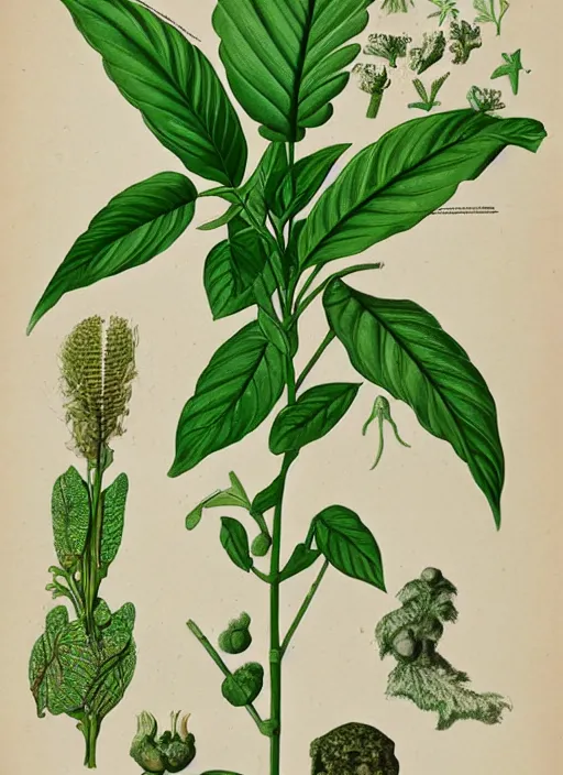 Image similar to fantasy scientific botanical illustration of a large, tall, green plant that walks around with thin human legs