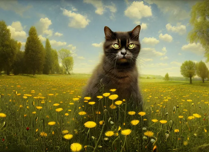 Image similar to the cat in the meadow from flowers : dandelions, poppy, tulip, chamomile, hyperrealism, no blur, 4 k resolution, ultra detailed, style of ivan shishkin, tyler edlin, tom bagshaw, arthur rackham,