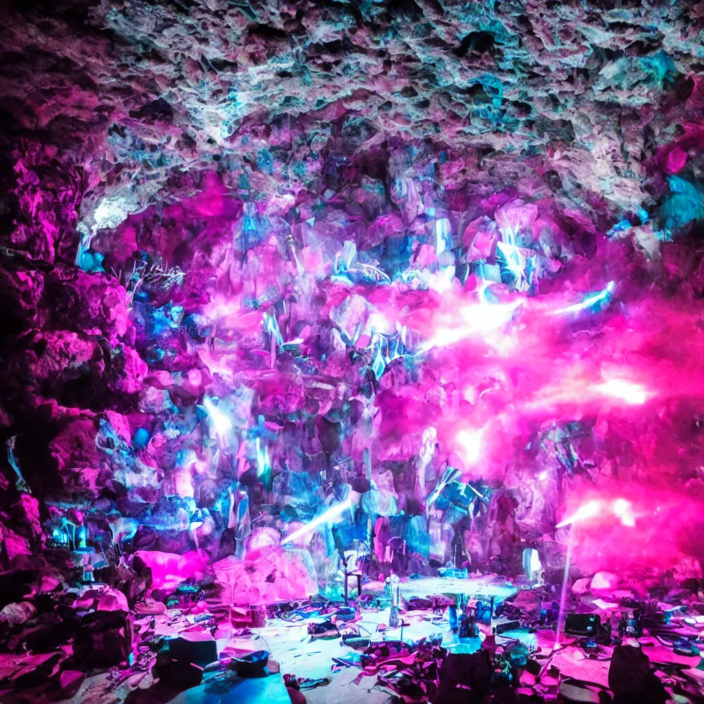 Prompt: goth disco in a cave with pink lasers and blue crystals forming a sphere of knives