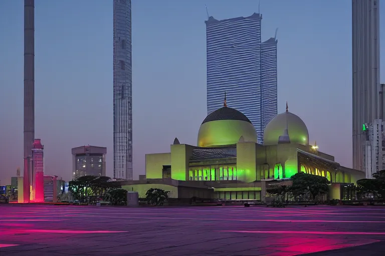 Image similar to exterior view of istiqlal mosque tokyo at night, promotional architectural photo, but in setting of japanese cyberpunk, neon tones