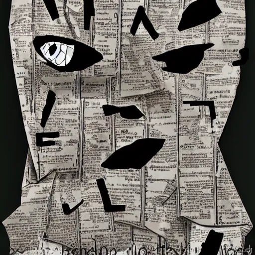 Image similar to multiple faces shredded like paper news scared, dark horror, surreal, illustration, by alley burke