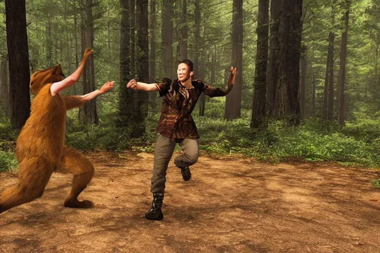 Image similar to 2 woodland creatures fighting, bullet time, woodland setting