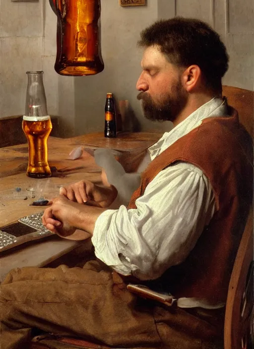Prompt: large octoberfest invite card, man sitting in front of his computer, angry, beer bottles, drunk, photoshoot, 4 k, hyper realistic, natural, highly detailed, digital illustration, trending in artstation, classical painting, smooth, sharp focus art by ilya repin