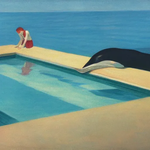 Prompt: a whale in a swimming pool by Edward hopper