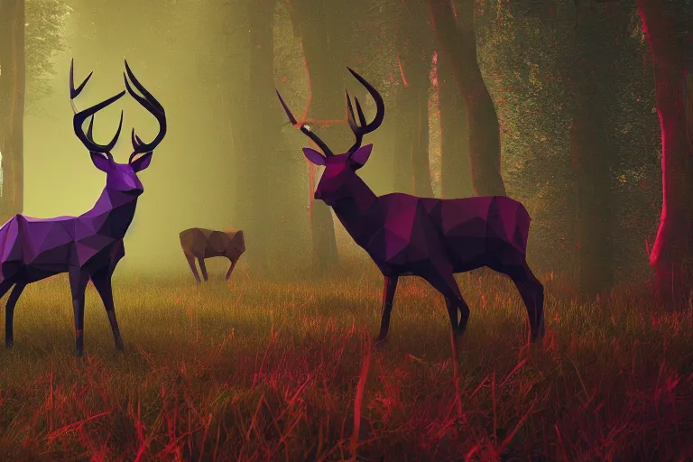 Image similar to lowpoly art of red deer in an undergrowth, unreal engine, retrowave color palette, 3 d render, lowpoly, colorful, digital art, perspective