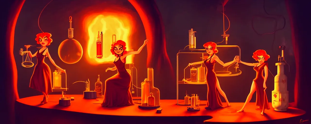 Prompt: uncanny alchemist catgirls in a fiery alchemical lab, dramatic lighting, surreal 1 9 3 0 s fleischer cartoon characters, surreal painting by ronny khalil