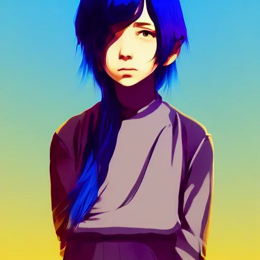 Image similar to ilya kuvshinov with long sky blue hair, gold eyes, boy face, professional digital illustration, somber, digital art, concept art, award - winning photography, cinematic, wlop, color block, art by andy warhol, pixiv art, yoshitaka amano