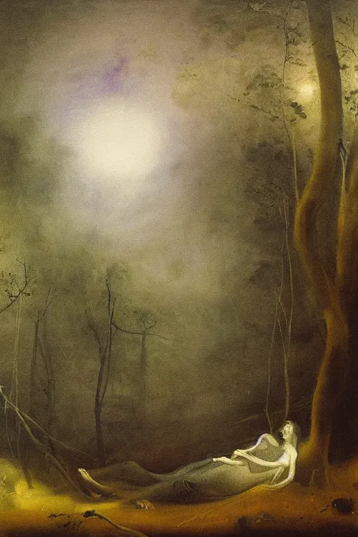 Image similar to moody painting of purple morning glory flowers vining and growing in a forest dimly lit at night. foggy volumetric darkness, muted colour palette oil painting on canvas henry fuseli