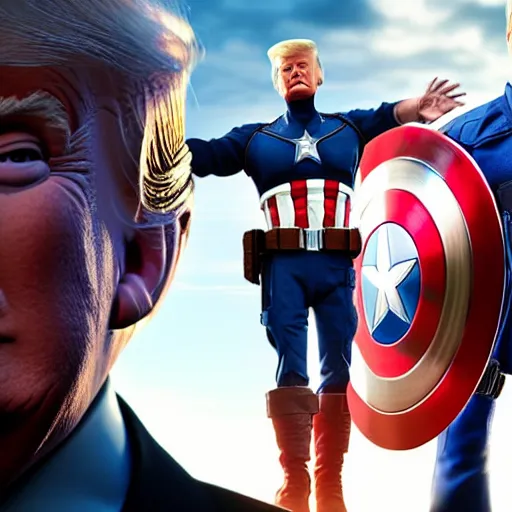 Image similar to Donald trump with captain America’s body, realistic artstyle, wide shot, dramatic lighting, octane render, hyperrealistic, high quality, highly detailed, HD, beautiful, cinematic, 8k, unreal engine, facial accuracy, symmetrical