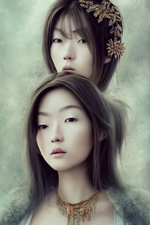 Image similar to beautiful very detailed portrait of Marin Kitagawa with lots of jewelry in the face, full body, in the background there is a minimalistic palace, digital art , dramatic cinematic lighting rendered by octane, 8k, detailed, intricate, clean and textures, trending on artstation, treanding on deviantart, trending on cgsociety, pinterest, by Lauren Brevner + FRANS SMIT