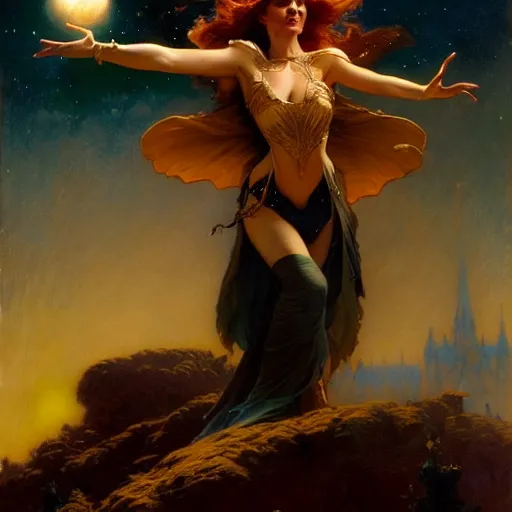 Image similar to attractive witch magically flying trough the night, fantasy, full moon in background. highly detailed painting by gaston bussiere, craig mullins, j. c. leyendecker 8 k