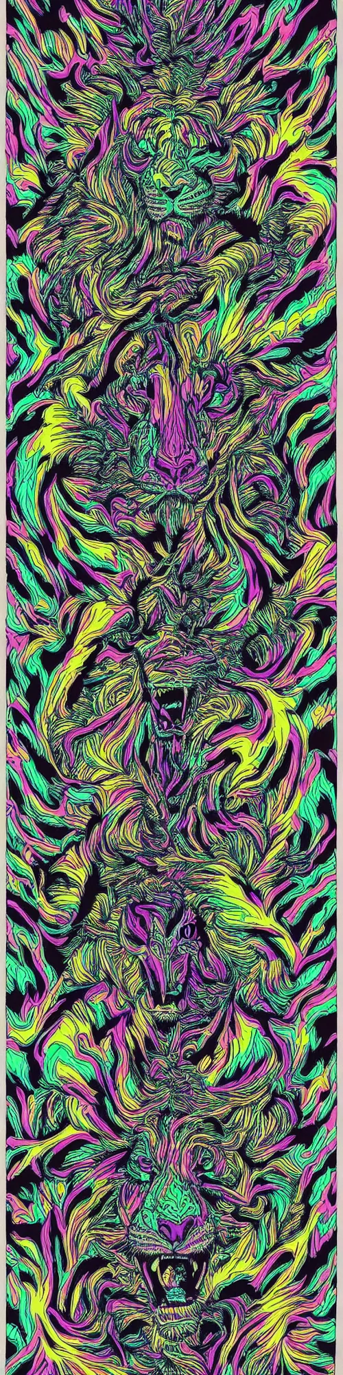 Prompt: tiger lion and bear dissolving into neon pieces, cubensis, aztec, basil wolverton, r crumb, hr giger, mc escher, dali, muted colors, muted rainbow tubing, folds and creases, hills and bumps