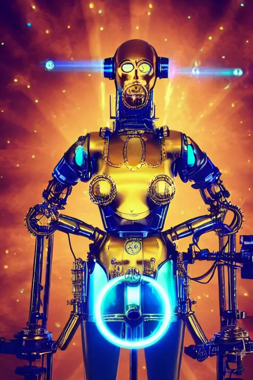 Image similar to portrait photo of a giant huge golden and blue metal humanoid female steampunk robot singer with headphones and gears and tubes, in the foreground is a big red glowing microphone on a tripod, eyes are glowing red lightbulbs, shiny crisp finish, 3 d render, 8 k, insaneley detailed, fluorescent colors, background is multicolored lasershow