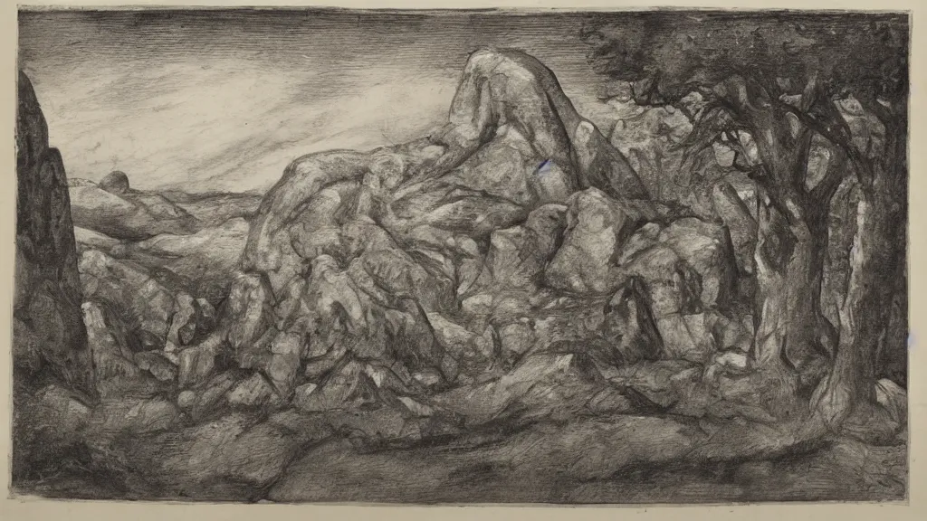 Prompt: a medieval chiaroscuro lithograph of a colossal abstract granite sculpture garden by kurt seligmann and henry moore and edward steichen, on a lawn, distant mountains, the merely beautiful bore me to death