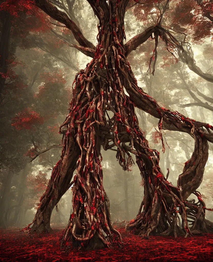 Prompt: sacred giant tree with a skeleton tangled in the tree trunk, red forest, epic painting, octane render, extremely detailed