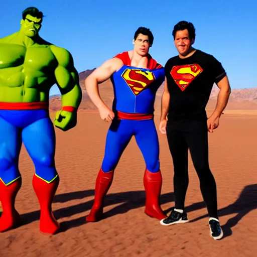 Image similar to supermen and hulk playing soccer together at desert