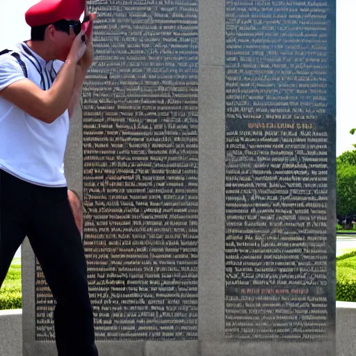 Prompt: mario dabbing, vietnam memorial background