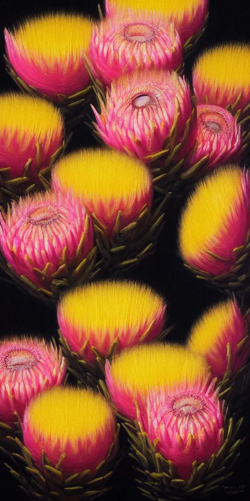 Prompt: detailed pink and yellow protea pincushions against a black backdrop by thomas cole, detailed brush strokes, oil painting, artstation