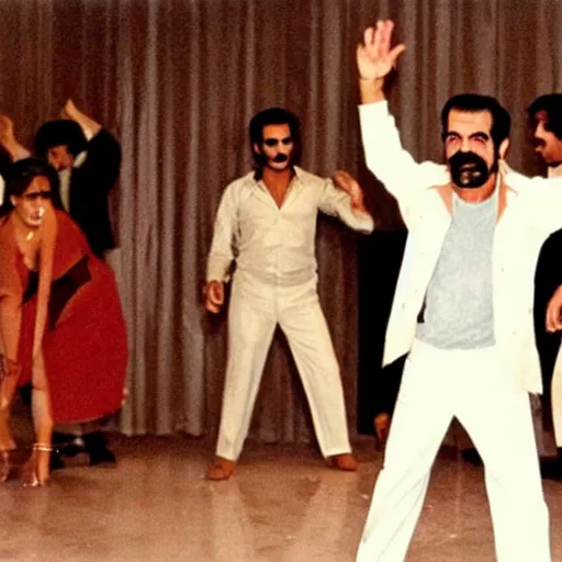 Image similar to A movie still of Saddam Hussein dancing in Satuday Night Fever