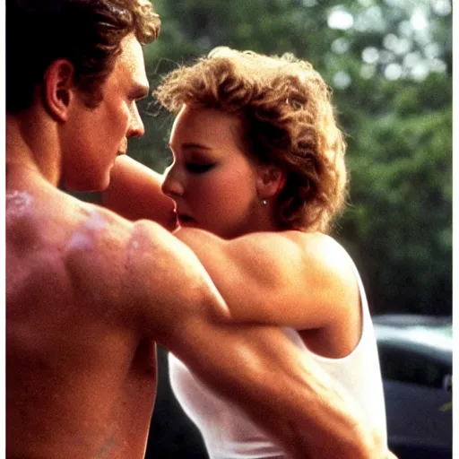 Prompt: dirty dancing poster with closeup portrait of young arnold schwarzenegger lifting up jennifer lawrence in the rain, 5 0 mm cinema shot, beautiful light, best lense, 9 0 s romantic movie, 4 k