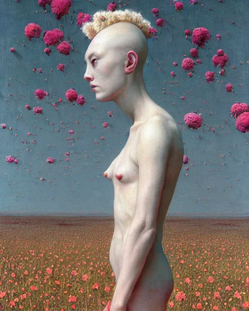 Image similar to A portrait of a woman wearing clothes made out of dying flowers, apocalypse, nuclear explosion in the background, Masterpiece, pure white skin, glowing, wires everywhere, by Edgar Maxence and Ross Tran, Zdzisław Beksiński, and Michael Whelan, distant, gustav dore, H.R. Giger, 8k, octane render