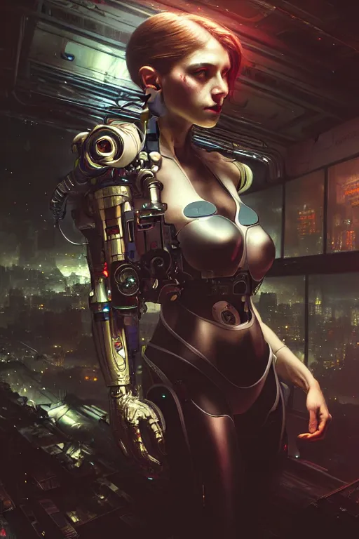 Image similar to ultra realistic, beautiful female cyborg in a crowded smoky cyberpunk club in space megalopolis, sci-fi, intricate details, eerie, highly detailed, octane render, 8k, art by artgerm and alphonse mucha and greg rutkowski