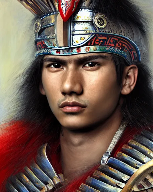 Prompt: portrait of a handsome young aztec warrior, art by lixin yin and denys tsiperko and bogdan rezunenko, hyperrealism, fantasy art