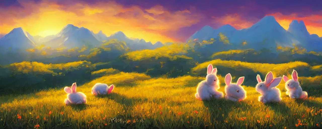 Image similar to cotton bunnies hopping around in a beautiful nature landscape with clouds, mountains, in background, sunset, by rhads