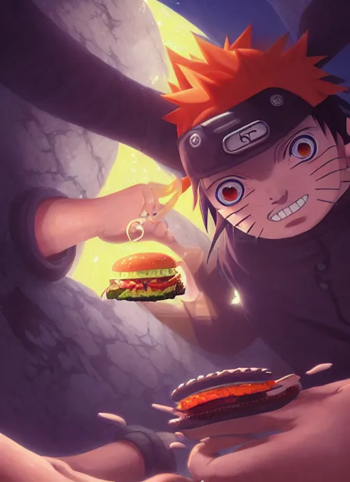 Image similar to highly detailed hamburger consuming naruto uzumaki with black hair, art by greg rutkowski, loish, rhads, ferdinand knab, makoto shinkai and lois van baarle, ilya kuvshinov, rossdraws, tom bagshaw, global illumination, radiant light, detailed and intricate environment