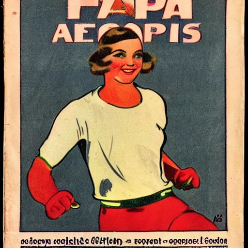 Image similar to a 1 9 2 8 cover of a french magazine. happy, healthy, beautiful, smiling, young, sporty, glowing woman in decent athletic wear. realistic detailed color drawing