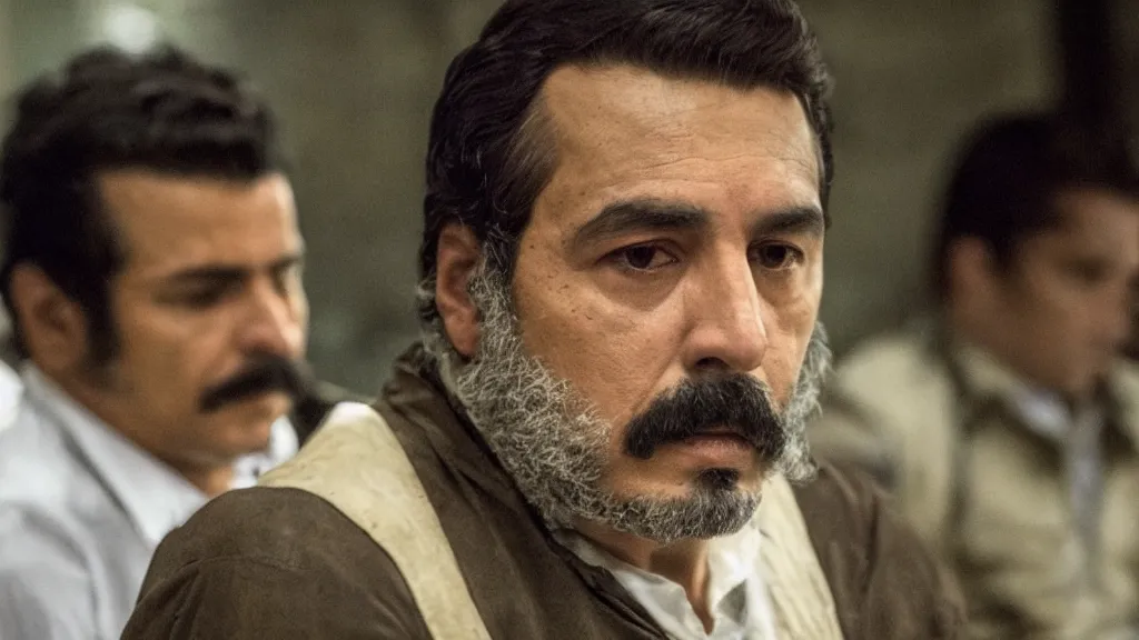 Image similar to A still of Nemesio Oseguera Cervantes from the Narcos: Mexico TV show, yellow lighting