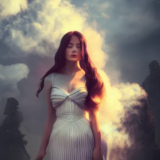 Image similar to beautiful girl in full gown blowing clouds, beautiful portrait, character concept style trending on artstation concept art detailed octane render cinematic photo - realistic 8 k high detailed