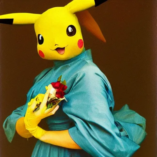 Image similar to elegant woman dressed up as pikachu, art photo by Annie Liebovitz and Alphonse Mucha