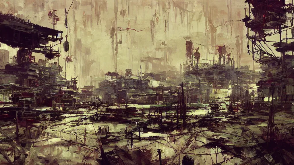 Image similar to post - apocalyspe settlement with houses, hydroponic farms, painted by tsutomu nihei, painted by eddie mendoza, painted by ilya repin