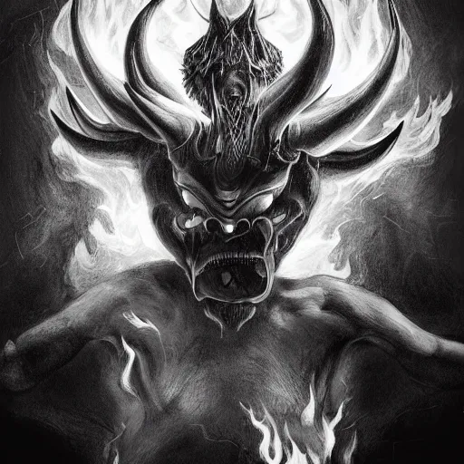 Image similar to turned three quarter view, full body shot of hoofed demon with horns in asymmetric pose, engulfed in flames, detailed greyscale drawing by Dominik Mayer
