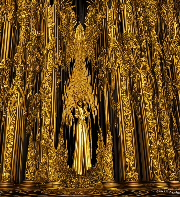 Image similar to full length picture angel wearing black robe with gold wings in an elaborate cathedral, sharp focus, DOF, unreal engine, 8k, ultra detailed, photorealistic + sigma 105mm f2.8 macro