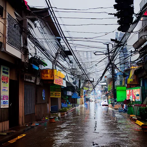 Prompt: rain - soaked alley with messy overhead cables in yongsan district, seoul, south korea.