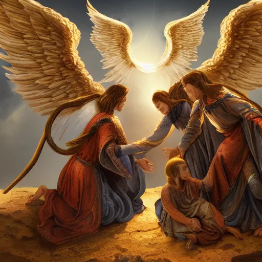 Image similar to angels protecting a praying man very highly detailed, award winning, trending on artstation, 4K UHD image