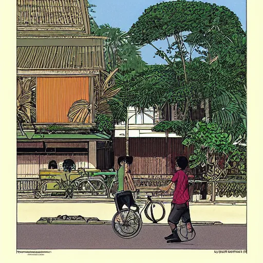 Image similar to snapshot of a person in a singaporean neighbourhood, by moebius