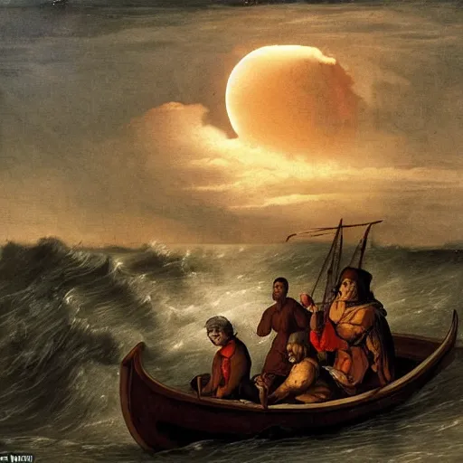 Prompt: the age of discovery, red moon over stormy ocean, huge clouds in the form of a gigantic octopus, the greatest adventurer standing on a 1 5 th century sampan boat holding a